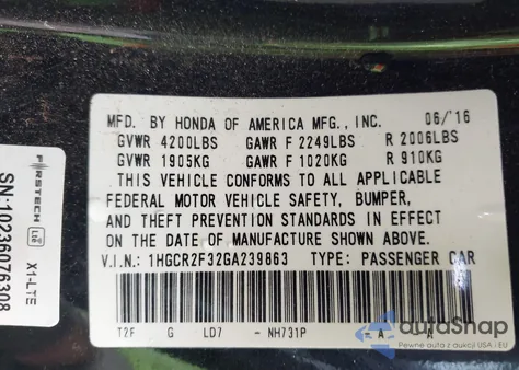 2016 Honda Accord Lx from USA, damaged, VIN 1HGCR2F32GA239863